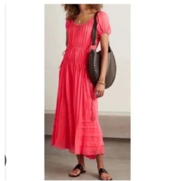 La Ligne Isabelle Dress Womens Large Pink Sheer Maxi Puff Sleeve Boho Flowy Summ - Picture 1 of 4